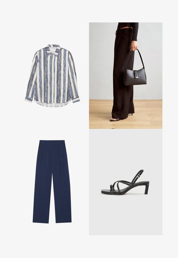Camisa de botão com riscas verticais em tons de azul, preto e branco. Feita de um tecido suave, com colarinho clássico e fecho de botão.; Calças largas azul-marinho feitas de um tecido suave, com plissados frontais, uma textura lisa e um corte recto sem bolsos visíveis.; Sandal de tiras pretas com biqueira quadrada e um pequeno salto bloco. Apresenta várias tiras finas e uma tira no tornozelo ajustável. Feito de couro liso.; Bolsa preta com forma estruturada, textura suave e um fecho metálico. Combinada com calças largas pretas e sandálias de salto aberto sobre um chão de madeira.