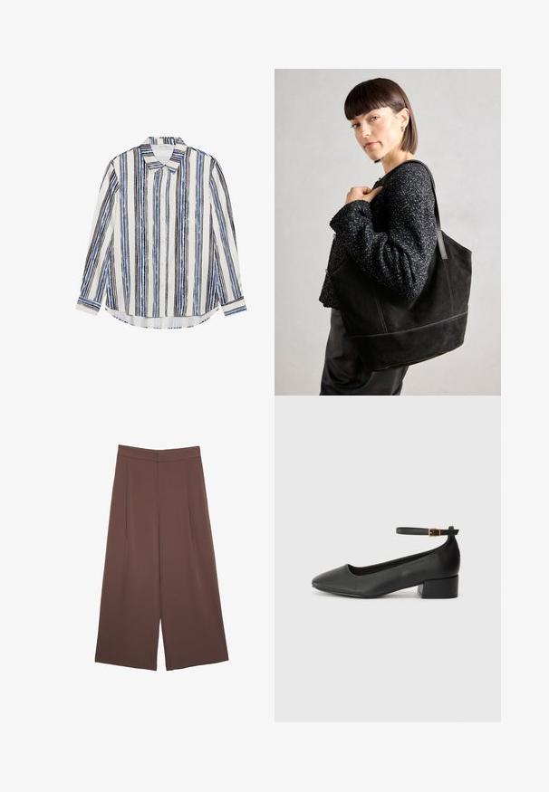 Hemd mit Knopfleiste und vertikalen Streifen in Blau-, Schwarz- und Weißtönen. Hergestellt aus glattem Stoff mit klassischem Kragen und Knopfverschluss.; Braune Weite-Leg-Hosen mit einer glatten Textur, hoher Taille und Vorderfalten. Der Stoff ist leicht und fällt locker.; Schwarze Lederpumps mit spitzem Zehenbereich und niedrigem Blockabsatz. Mit einem Knöchelriemen und einer goldfarbenen Schnalle. Glatte Textur.; Schwarze Wildleder-Tote-Tasche mit glatter Textur, strukturiertem Design und kontrastierenden Nähten. Verfügt über lange Träger zum Tragen über der Schulter.