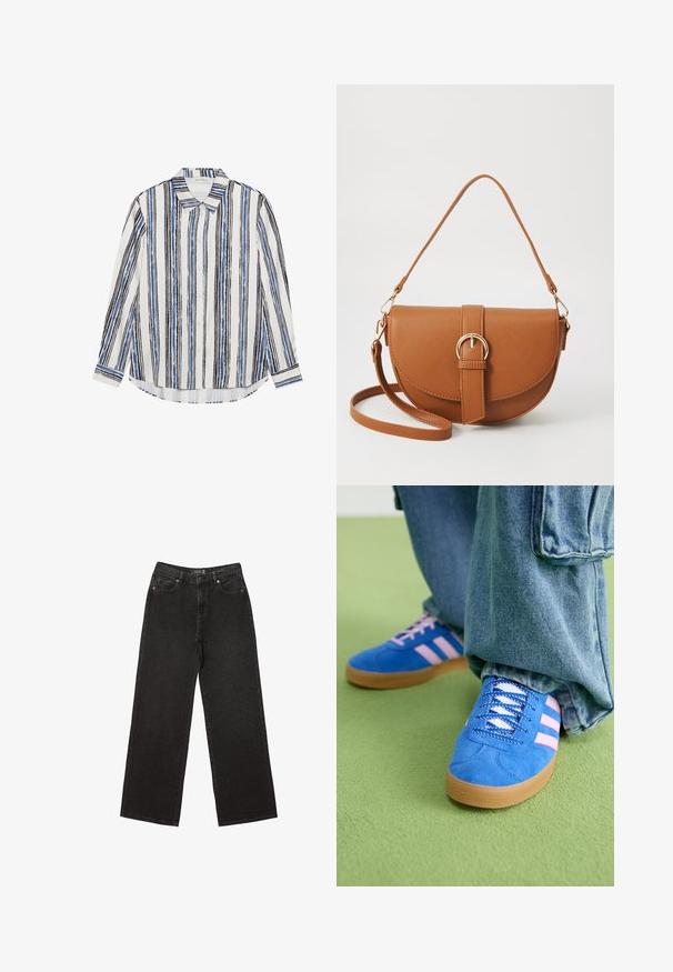 Button-up shirt featuring vertical stripes in shades of blue, black, and white. Made of smooth fabric with a classic collar and button closure.; Black wide-leg jeans made of denim, featuring small dotted patterns, classic five-pocket design, and a button and zip fly closure.; Blue suede shoes with pink stripes and white laces, featuring a gum rubber sole, paired with loose denim pants on a green surface.; Brown leather crossbody bag with a curved shape, gold hardware, and a buckle accent. Features a detachable shoulder strap.