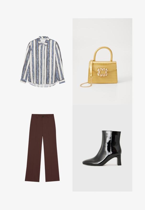 Gombos ing, amelyen függőleges csíkok láthatók kék, fekete és fehér árnyalatokban. Simogató anyagból készült, klasszikus gallérral és gombos záródással.; Bő szárú nadrág gazdag barna szövetből. Gombos záródás, két elülső zseb, sima textúra és tiszta vonalak jellemzik.; Fekete lakk bőrcipő bokáig érő, hegyes orral és közepes magasságú tömbsarokkal. Simább textúrával és minimalista dizájnnal rendelkezik.; Sárga műbőr krokodil mintás kézitáska strukturált kialakítással, felső fogantyúval, leválasztható lánccal és díszes kristály díszítéssel a záron.