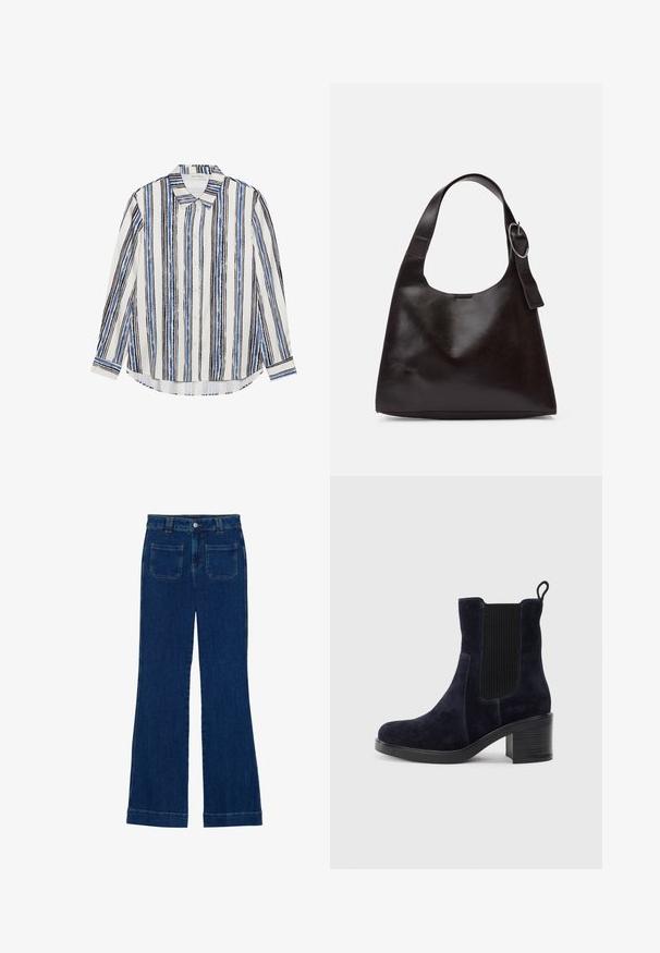 Cămașă cu nasturi, cu dungi verticale în nuanțe de albastru, negru și alb. Fabricată dintr-un material neted, cu guler clasic și închidere cu nasturi.; Jeans din denim cu fason evazat, de culoare albastru închis, cu o textură netedă, design cu cinci buzunare și închidere cu nasture la talie.; Botine din suede de culoare bleumarin, cu panou elastic pe lateral, vârf rotunjit și toc pătrat. Materialul texturat și talpa netedă oferă un contrast.; Geantă de umăr din piele maro, cu o textură netedă, formă rotunjită, curea largă și un accent metallic circular pe mânere.