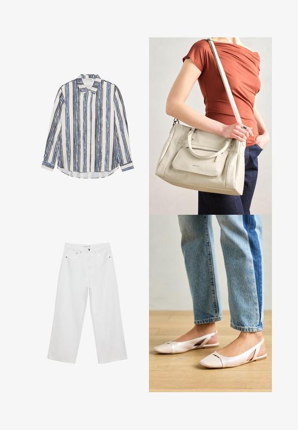 Hemd mit Knopfleiste und vertikalen Streifen in Blau-, Schwarz- und Weißtönen. Hergestellt aus glattem Stoff mit klassischem Kragen und Knopfverschluss.; Weiße Jeans im weit geschnittenen Design aus Denim mit hoher Taille, ausgestattet mit fünf Taschen und Metallbeschlägen. Glatte Textur, keine sichtbaren Muster.; Blassrosa Slingback-Ballerinas mit spitzem Punkt, aus einem glatten, lederähnlichen Material. Mit Ausschnitten an den Seiten und einem flachen Absatz.; Weiße Lederhandtasche mit zwei Griffen und einem abnehmbaren Schulterriemen, ausgestattet mit einer vorderen Reißverschlusstasche und glatter Textur. Wird am Arm einer Person getragen.