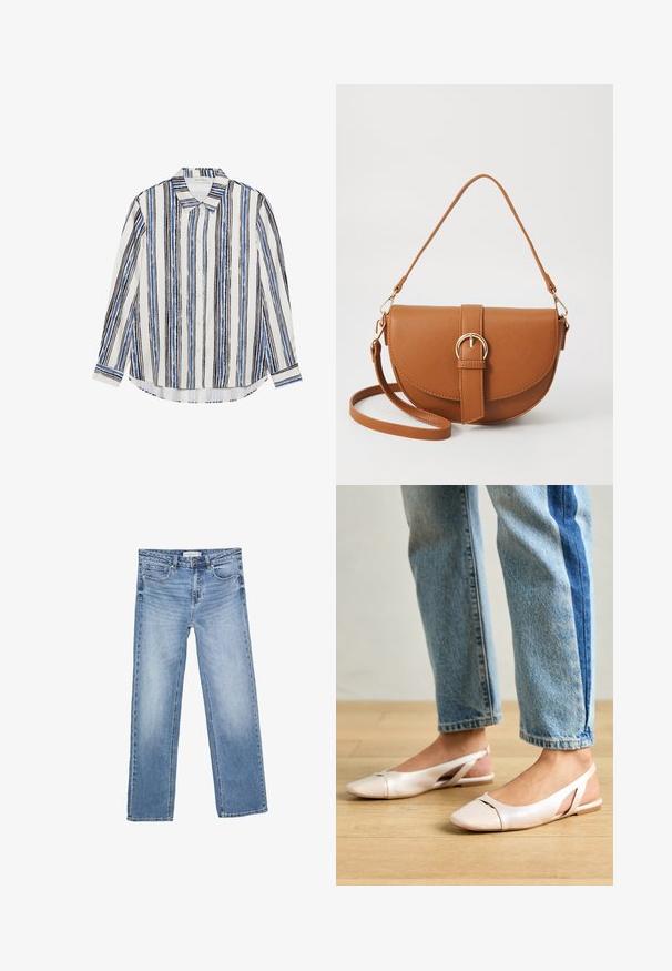 Button-up shirt featuring vertical stripes in shades of blue, black, and white. Made of smooth fabric with a classic collar and button closure.; Straight-leg blue denim jeans, featuring a faded wash, five pockets, and a classic button fly. Cotton material with noticeable stitching.; Pale pink slingback flats with a pointed toe, made from a smooth leather-like material. Features cut-out details at the sides and a flat heel.; Brown leather crossbody bag with a curved shape, gold hardware, and a buckle accent. Features a detachable shoulder strap.