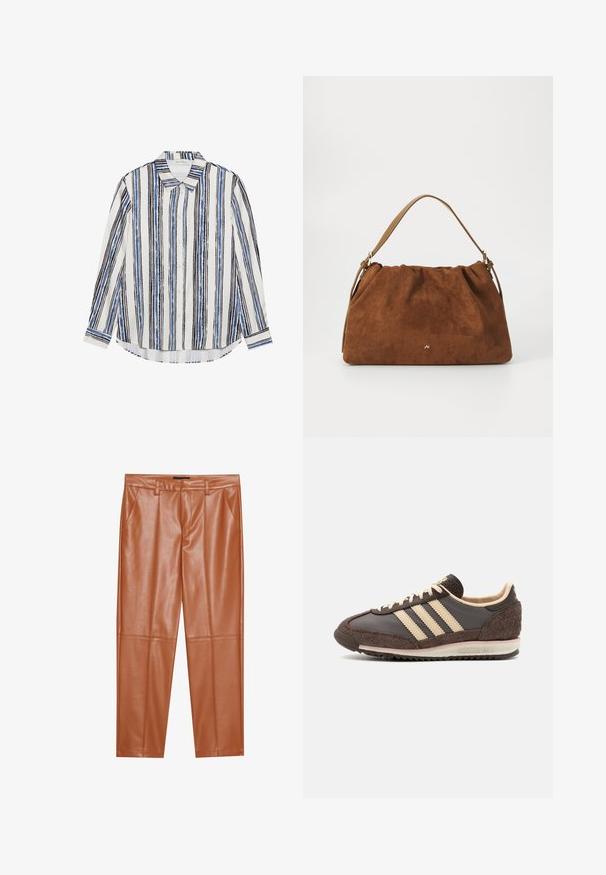 Camicia abbottonata con righe verticali in tonalità di blu, nero e bianco. Realizzata in tessuto liscio con colletto classico e chiusura a bottoni.; Pantaloni in finta pelle marroni con una vestibilità sartoriale, caratterizzati da pieghe frontali e gambe dritte. Texture liscia senza hardware o decorazioni visibili.; Sneaker atletico marrone con tomaia in pelle e suede, design a tre strisce crema, suola testurizzata e collo imbottito.; Borsa in suede marrone con un design arricciato, dotata di una singola tracolla in pelle beige e di un sottile logo dorato dettagliato sulla parte anteriore.