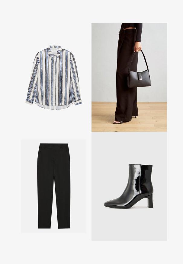 Srajca na gumb z navpičnimi črtami v odtenkih modre, črne in bele barve. Narejena iz gladkega blaga s klasičnim ovratnikom in gumbom za zapiranje.; Črne hlače z oblikovanim krojem, ki imajo stranske žepke in ravno nogavico. Narejene so iz gladkega, lahkotnega materiala z elegantnim zaključkom.; Črne lakirane gležnjarje z ošiljenim nosom in srednje visokim blokastim peto. Gladka tekstura in minimalističen dizajn.; Črna torbica z strukturirano obliko, gladko teksturo in kovinskim zaponko. Ujemajo se z širokimi črnimi hlačami in odprtimi sandali na lesenem tleh.