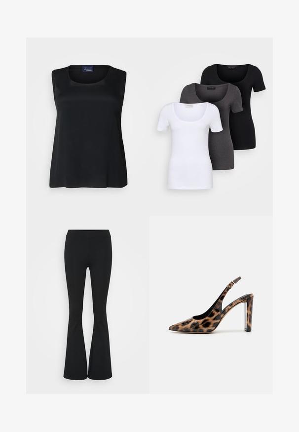 Fekete ujjatlan felső sima anyagból, kerek nyakkivágással és lazán illeszkedő fazonnal. Látható minták vagy díszítések nincsenek.; Három szűkített T-póló fehér, szürke és fekete színben. Mindegyik széles, kerek nyakkal és rövid ujjakkal rendelkezik. Simább, elasztikus anyagból készült.; Fekete harangszárú nadrág, rugalmas anyagból készült, magas derékkal és sima felülettel. A nadrág a térdtől kezdve bővül.; Leopárdmintás slingback pump, hegyes orral és átlátszó blokk talppal. Fényes anyagból készült, sima tapintású.