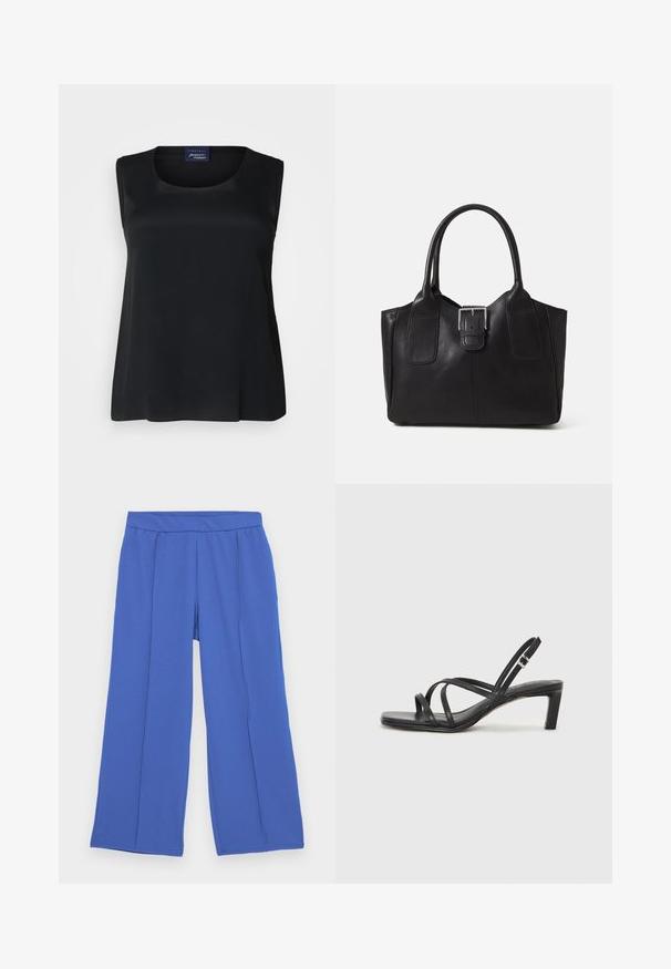 Svart ermeløs topp laget av glatt stoff, med rund hals og avslappet passform. Har ingen synlige mønstre eller dekorasjoner.; Vide benbukser laget av myk, elastisk stoff i lys blå. Har en flat midje og to frontfold for ekstra design detaljer.; Sorte sandaler med stropper, firkantet tå og lav blokk hæl. Har flere tynne stropper og en justerbar ankelstropp. Laget av glatt lær.; Svart skinn toteveske med jevn tekstur, strukturert form, to håndtak og en fremtredende sølvspenne foran.