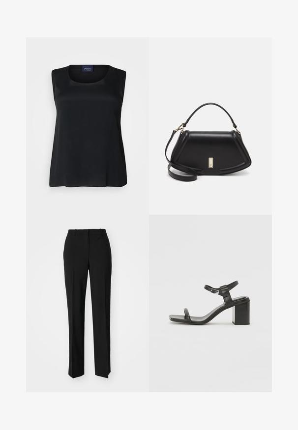 Top senza maniche nero realizzato in tessuto liscio, con scollatura rotonda e vestibilità comoda. Non presenta motivi o decorazioni visibili.; Pantaloni neri su misura con un design a gamba dritta, caratterizzati da una texture liscia e pieghe ben definite sul davanti. Senza hardware visibile.; Sandalo in pelle nera con tacco a blocco e una fascia larga sopra le dita, dotato di una cinghia regolabile alla caviglia, caratterizzato da un design elegante e minimalista.; Borsa a mano in pelle nera con un design strutturato, caratterizzata da una forma corta, manico superiore e accessori in metallo dorato. Inclusa tracolla regolabile.