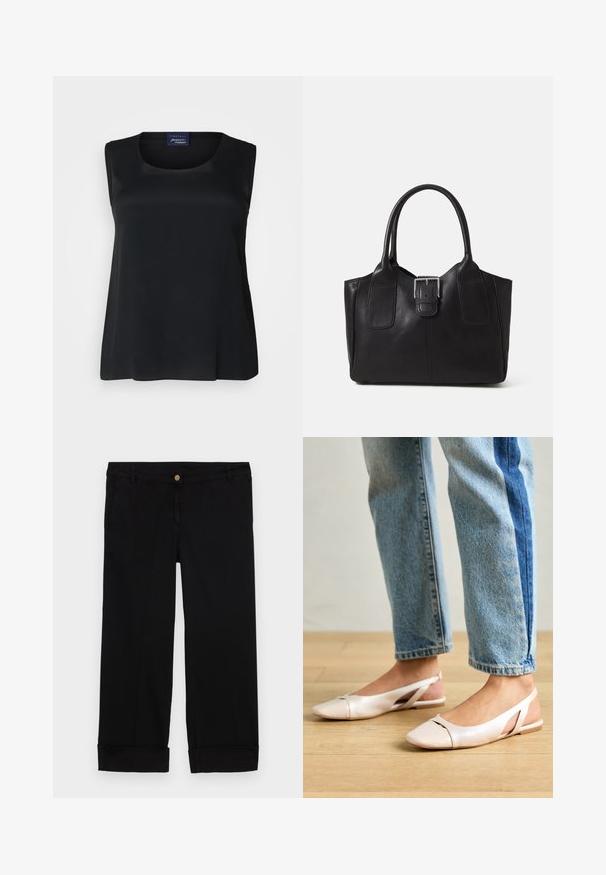 Melnas bezpiedurkņu blūze, izgatavota no gludas auduma, ar apaļu kakla izgriezumu un brīvu piegriezumu. Bez redzamām rakstu vai rotājumu detaļām.; Melnas kokvilnas bikses ar taisnu kāju griezumu, aprīkotas ar priekšējām kabatām, zelta pogas aizdari un rullētām piedurknēm. Gluda tekstūra.; Bālti rozā siksniņu dzīvokļi ar smailu purngalu, izgatavoti no gludas ādas līdzīgās materiāla. Iezīmē izgriezumu detaļas sānos un platu papēdi.; Melnas ādas somiņa ar gludu tekstūru, strukturētu formu, divām rokturām un izteiktu sudraba sprādzi priekšpusē.