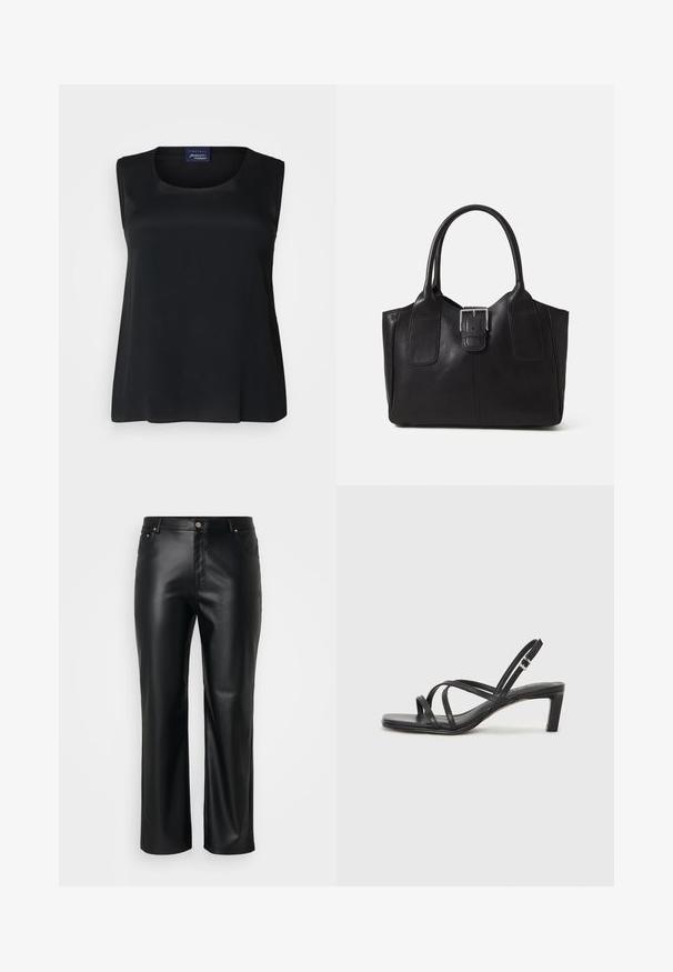 Fekete ujjatlan felső sima anyagból, kerek nyakkivágással és lazán illeszkedő fazonnal. Látható minták vagy díszítések nincsenek.; Fekete műbőr nadrág egyenes szabással, övbújtatókkal, elülső zsebekkel és cipzáras átkapcsolóval, gombos záródással. Simább textúra.; Fekete pántos szandál négyzetes orral és alacsony blokk sarkal. Több vékony pánttal és állítható boka pánttal rendelkezik. Sima bőrből készült.; Fekete bőr bevásárlótáska sima textúrával, strukturált formával, két fogantyúval és egy figyelemfelkeltő ezüst csattal az elején.