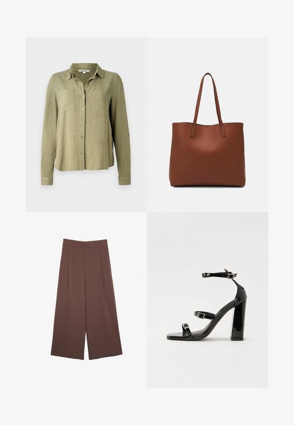 Camicia verde oliva con bottoni, maniche lunghe, due tasche sul petto e colletto. Realizzata in un tessuto leggero e testurizzato.; Pantaloni ampi marroni con una texture liscia, caratterizzati da una vita alta e pieghe frontali. Il tessuto è leggero e scorre liberamente.; Sandali con tacco in vernice nera, con punta squadrata, cinturini alla caviglia e fibbie in argento. Presentano un tacco a blocco spesso per maggiore stabilità.; Borsa tote in pelle marrone con texture liscia, design con apertura superiore e due spallacci. Presenta cuciture minime e nessun hardware visibile.