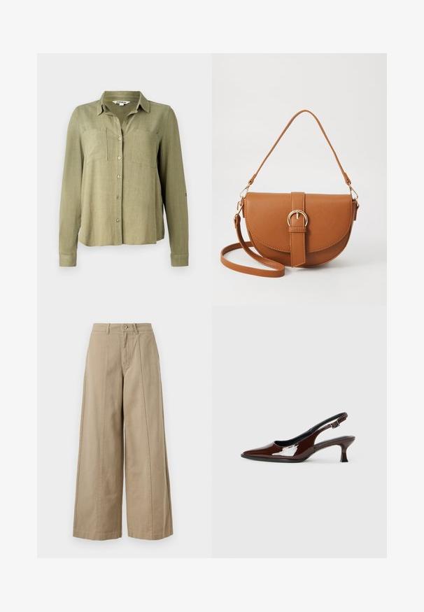 Chemise olive verte à manches longues, avec deux poches poitrine et un col. Fabriquée en tissu léger et texturé.; Pantalons larges beiges en coton robuste, avec une fermeture à bouton, des passants de ceinture et des plis avant nets sans poches visibles.; Chaussure slingback en cuir verni marron avec un bout pointu et un talon modéré. Elle est dotée d'une sangle à boucle pour un ajustement sécuritaire. Texture lisse.; Sac bandoulière en cuir marron avec une forme incurvée, quincaillerie dorée et un accent en boucle. Comprend une bandoulière détachable.