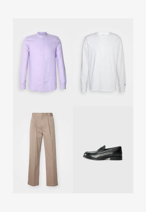 Bluza z dolgimi rokavi, z gumbom, iz svetlo sivke linena, z naramnicami in sprednjim zapiranjem na gumb. Gladka tekstura z udobnim krojem.; Bela dolgimi rokavi majica iz bombaža. Oblika s krožnim izrezom z rebrastimi manšetami in majhnim logotipom na levi rokavu. Gladka tekstura.; Bež hlače visoko pasu z širokimi nogami. Imajo dva sprednja nabira in gladko teksturo. Standardna dolžina s čistim zaključkom.; Črni usnjeni loafersi z gladko površino, šivanim detajlom čez vamp in rahlo dvignjenim peto.