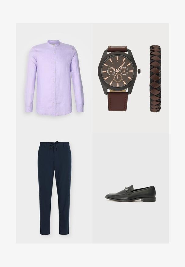 Langärmliges Hemd mit Knopfverschluss aus leichtem Lavendel-Leinen, mit Stehkragen und vorderem Knopfverschluss. Glatte Textur mit lässiger Passform.; Navyblaue Hose aus glattem Stoff mit Kordelzugbund, ausgestattet mit vertikalem Nadelstreifenmuster und schmal zulaufendem Bein.; Schwarzer Lederloafer mit glatter Oberfläche, ausgestattet mit einer gesteppten Gestaltung und einem dekorativen Metallkettendetail über dem Vorderblatt. Flacher Absatz.; Pier One SET - Uhr - black/brown