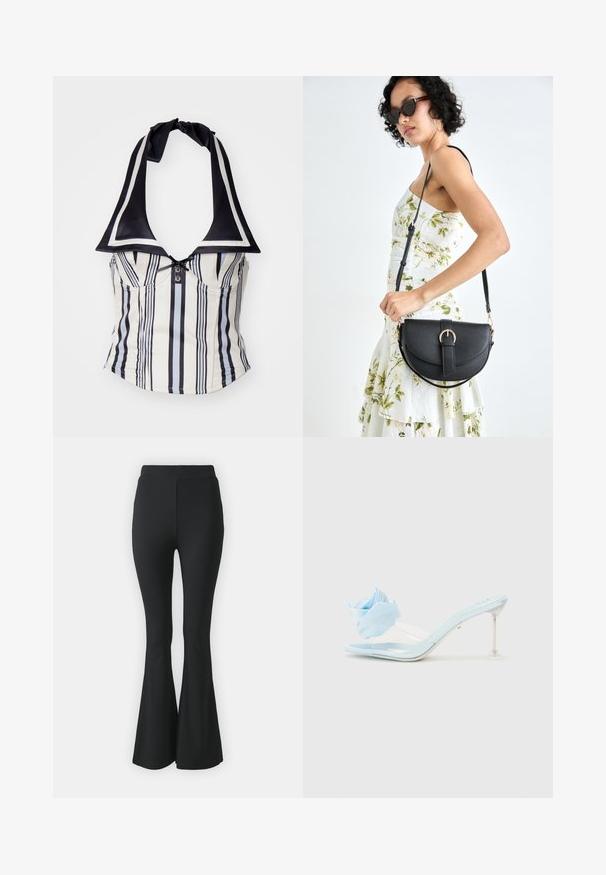 Triibuline rihmaga ülemine osa kreemjas ja tumesinises värvitoonis, lai krae, millel on nööbi kinnitamine ja sõlme-seotav kaelarihm. Sujuv kangast tekstuur.; Mustast lõtvuvate pükste, mis on valmistatud venivast kangast. Omab kõrget vööd ja sujuvat, keha järgivat disaini, mis laieneb põlve alt allapoole.; Sinine patenditehnoloogiast valmistatud slaidisandaal läbipaistva rihmaga, millel on pehme sinine kangast lillede rõhk ja selge kand.; Mustmust mustraha kõverate joontega, eemaldatava rihmaga ja kuldsete detailidega. Kotil on klapp, millel on pandladetail.