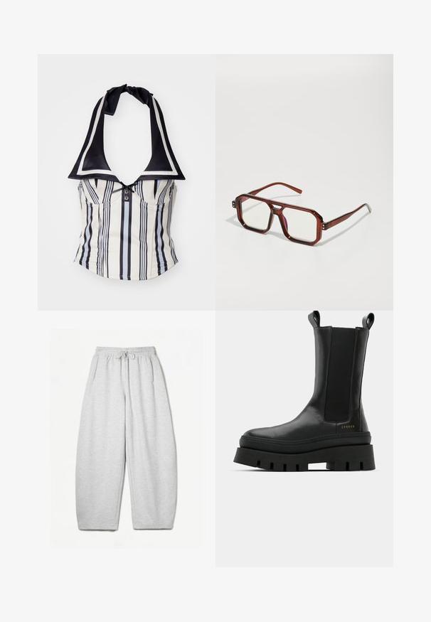 Csíkos, krémszínű és tengerészkék nyakpántos felsőrész széles gallérral, gombos záródással és csomózott nyakörvvel. Simogató szövettextúra.; Világosszürke, laza fazonú melegítőnadrág, rugalmas derékpánttal, zsinórral és oldalsó zsebekkel; puha, texturált anyagból készült.; Fekete bokacsizmák sima bőr felülettel, elasztikus oldalsó panelekkel és masszív, texturált talppal, logó részlettel.; Barna, áttetsző, oversize szemüveg, téglalap alakú lencsékkel és karcsú szárakkal. Szögletes, enyhén kerekített sarkok, látható fém akcentusok.