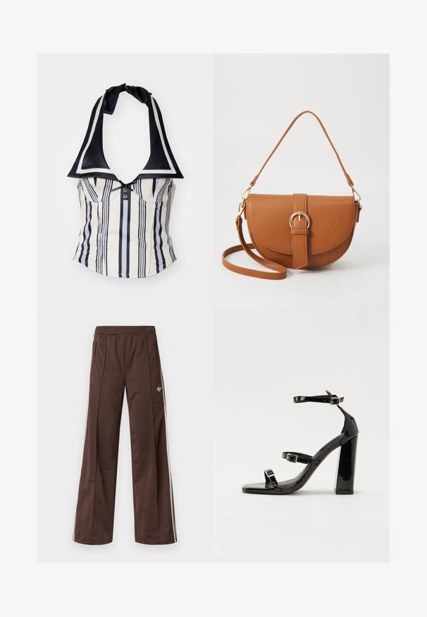 Prugasti halter top u krem i mornarsko plavoj boji sa širokim kragnom, koja ima kopčanje na dugme i čvor na vratu. Glatka tekstura tkanine.; Smeđe sportske hlače širokih nogavica, s bijelim bočnim prugama, elastičnim pojasom i dva bočna džepa. Na nozi se nalazi mali logo.; Crne lakirane sandale na visoku petu s dva remena s kopčama, kvadratnim vrhom i masivnom blok petom, s glatkom, sjajnom teksturom.; Smeđa kožna torba preko tijela s zakrivljenim oblikom, zlatnim metalnim detaljima i naglaskom na kopču. Ima odvojivu naramenicu.
