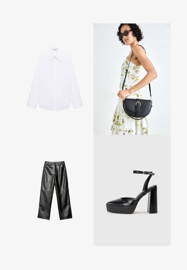 Chemise blanche à manches longues, avec un col classique, une texture douce et une coupe droite avec un léger ourlet en bas.; Pantalons larges en cuir noir avec une texture lisse, conception à cinq poches et détails cousus le long des jambes et de la taille.; Escarpins noirs à plateforme avec un bout pointu et une sangle réglable à la cheville. Conçus en cuir lisse, avec un large talon bloc.; Sac à main en cuir noir avec une forme courbée, bandoulière amovible et des accessoires en or. Le sac est doté d'un rabat avec un détail de boucle.