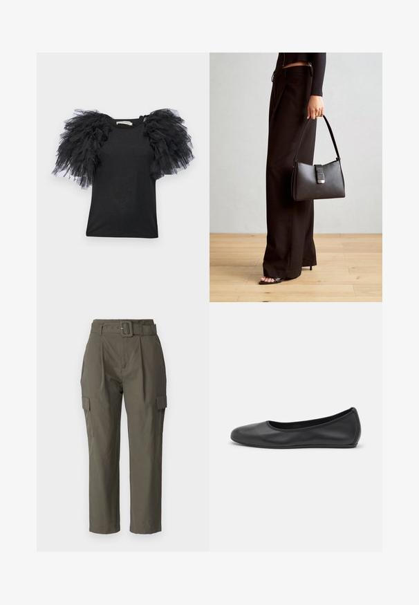 Ida Sjöstedt ANGELICA<NGELICA - Bluza - black; Kargo hlače u maslinastozelenoj boji, izrađene od lagane tkanine. Značajke uključuju pojas sa remenom, prednje nabore i bočne džepove s preklopima.; Crne kožne baletanke s zaobljenim vrhom, glatke teksture, minimalnim detaljima šavova i fleksibilnim dizajnom potplata.; Crna torba s oblikom koji sadrži strukturu, glađu teksturu i metalnu kopču. Uparena s širokim crnim hlačama i sandalama na otvorenom s drvenog poda.