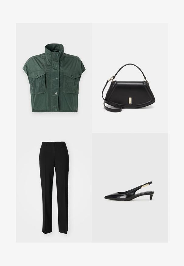 Giacca cropped a maniche corte di colore verde scuro, realizzata in un materiale lucido e testurizzato; presenta due tasche frontali e un colletto alto con chiusura a bottone.; Pantaloni neri su misura con un design a gamba dritta, caratterizzati da una texture liscia e pieghe ben definite sul davanti. Senza hardware visibile.; Tacchi slingback in pelle nera con punta affusolata, caratterizzati da un tacco alto e un accento dorato sulla cinghia regolabile. Texture liscia.; Borsa a mano in pelle nera con un design strutturato, caratterizzata da una forma corta, manico superiore e accessori in metallo dorato. Inclusa tracolla regolabile.