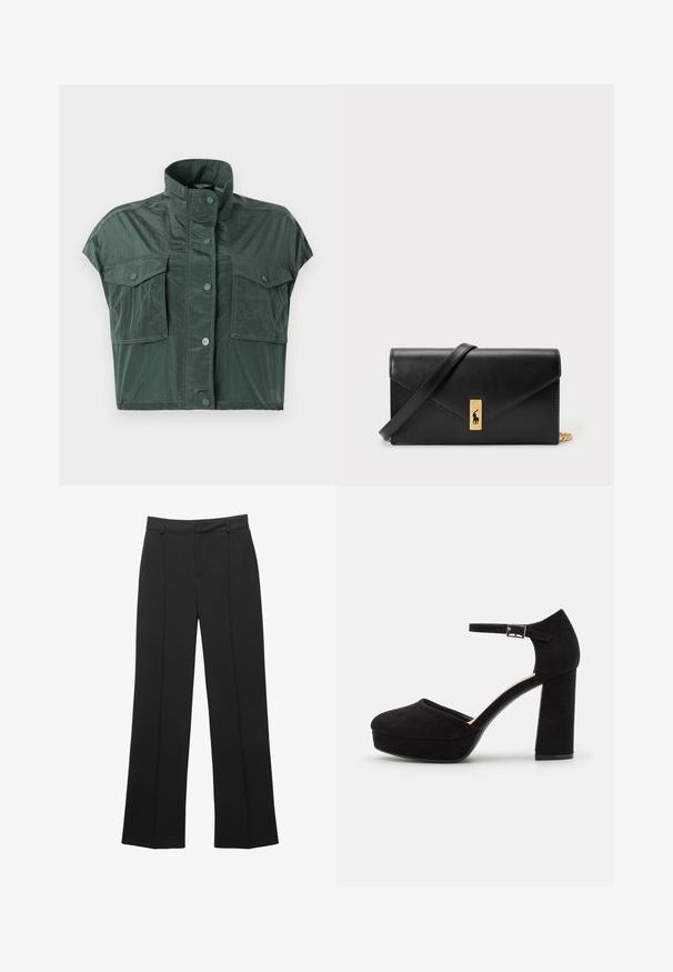 Short-sleeve cropped jacket in dark green, made of a shiny, textured material; features two front pockets and a high collar with button closure.; Black high-waist wide-leg trousers with belt loops and a front seam detail, displayed on a white background.; Black suede platform heels with a thick block heel, rounded toe, and ankle strap secured by a metal buckle. Smooth texture throughout.; Black leather wallet with a fold-over flap, gold hardware, featuring a logo accent. Includes a detachable strap for carrying.