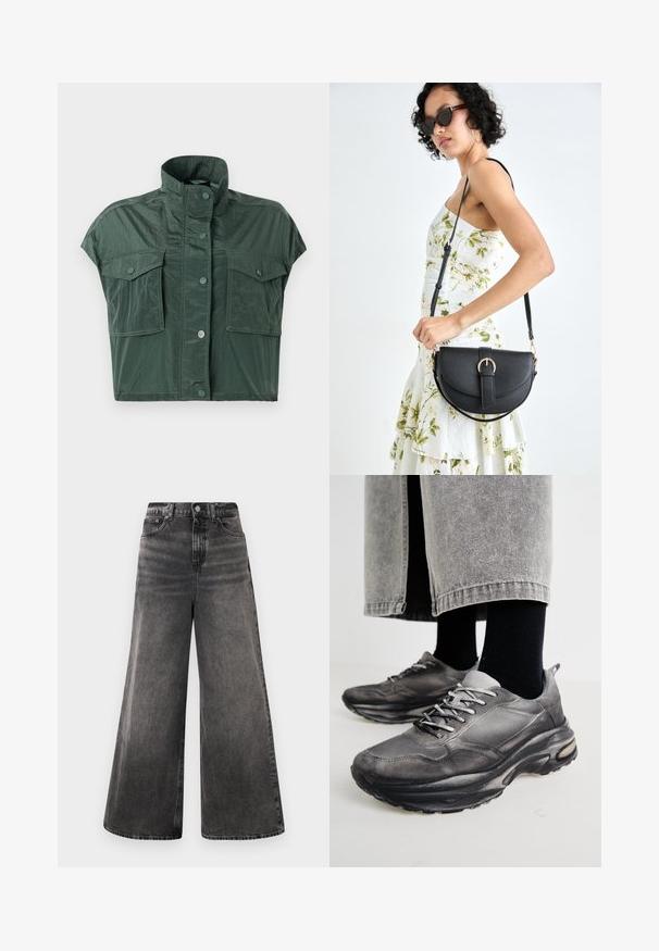 Short-sleeve cropped jacket in dark green, made of a shiny, textured material; features two front pockets and a high collar with button closure.; Wide-leg black denim jeans with a faded wash, five-pocket design, and a button closure at the waistband, featuring stitched accents.; Black and gray athletic shoes feature a mesh upper, thick soles, and laces. They have a rounded toe and visible cushioning detail.; Black leather handbag with a curved shape, detachable strap, and gold hardware. The bag features a flap with a buckle detail.