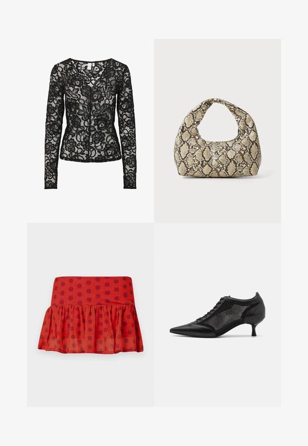 Musta pitkähihaiseen pitsipusero, jossa on kukkakuosi, läpikuultavaa kangasta ja pyöreä kaula-aukko. Puserossa on edessä koukku- ja silmäkiinnitys.; Punainen röyhelöhame mustilla pilkuilla, valmistettu kevyestä kankaasta. Hameessa on istuva vyötärö ja kerroksellinen muotoilu.; Mustat kärjetossut, joissa on verkkopaneeli, matala korko ja nauhanytkytys edessä. Valmistettu nahka- ja verkkokombinaatiosta.; Käärmeennahkakuosiset käsilaukku, jossa on kaareva kahva. Tehty teksturoiduista beigeistä ja ruskeista materiaaleista, joissa on erottuva timanttikuvio.