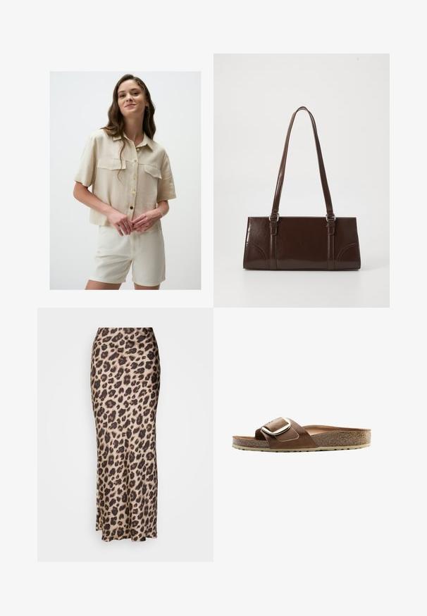 Beige Kurzarmhemd mit kragen, zwei Brusttaschen und goldenen Knöpfen. Kombiniert mit cremefarbenen Shorts, der Stoff wirkt leicht und glatt.; Leopardenmuster-Midirock aus glattem Satin. Hat eine figurbetonte Silhouette mit einem leichten Schlitz am Saum für Bewegungsfreiheit. Neutraler Beige- und Braunton.; Braune Leder-Schlittsandale mit einem breiten Riemen, einem Metallverschluss und einem konturierten Kork-Fußbett auf einer strukturierten Gummisohle.; Braune Lackleder-Handtasche in rechteckiger Form, mit zwei langen Griffen und subtilen, geschwungenen Akzenten auf der Vorderseite.