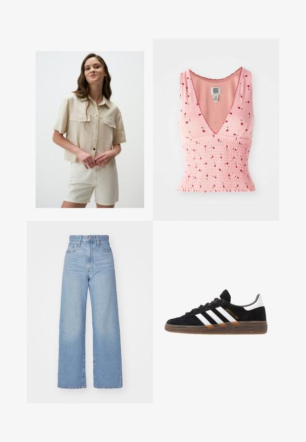 Chemise beige à manches courtes avec col, deux poches poitrine et boutons dorés. Associée à un short crème, le tissu semble léger et doux.; Haut sans manches rose avec un col en V, présentant des détails smockés et un imprimé floral. De petites fleurs rouges sont dispersées sur un fond à pois.; Jean large taille haute bleu clair avec bouton et fermeture éclair à l'avant, poches avant et arrière, sur fond blanc.; Baskets Adidas noires avec rayures blanches, inscription dorée "Spezial", semelle en gomme et languette blanche au talon, présentées en vue de profil.