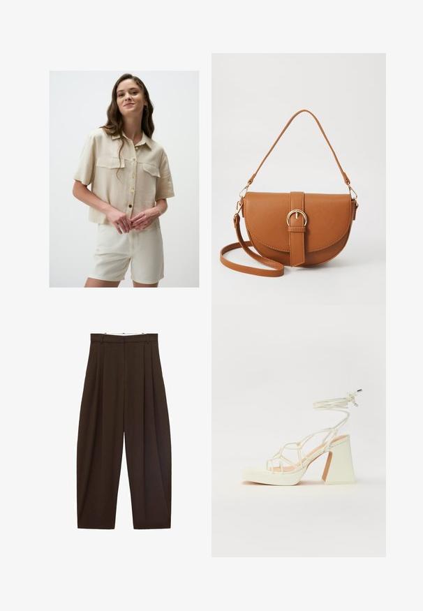 Beżowa koszula z krótkim rękawem, z kołnierzykiem, dwiema kieszeniami na piersi i złotymi guzikami. W połączeniu z kremowymi szortami, materiał wydaje się lekki i gładki.; Brązowe spodnie z wysokim stanem z zakładkami, wykonane z gładkiego materiału. Luźny krój, prosta nogawka, z różkami na pasek i suwakiem.; Biała sandał na wysokim obcasie z masywnym słupkiem, z paskowym wzorem i wiązaniem przy kostce. Gładka faktura z platformą z przodu dla dodatkowej wysokości.; Brązowa skórzana torba na ramię o zaokrąglonym kształcie, ze złotymi akcentami i zapięciem w formie klamry. Posiada odpinany pasek na ramię.
