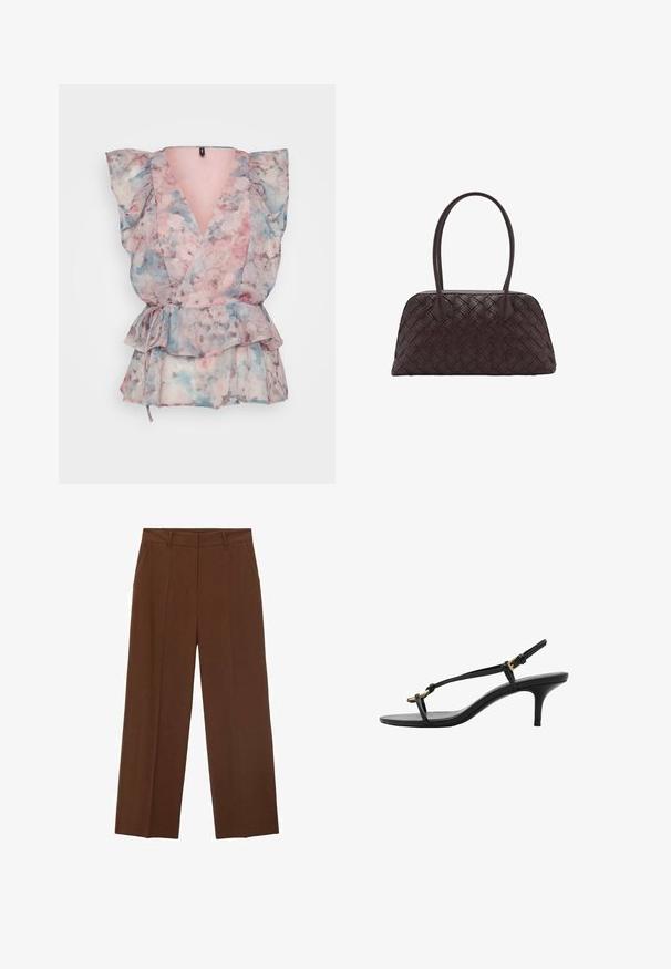 Cvjetni top od prozirnog materijala s ružičastim, plavim i sivim nijansama, nabranim rukavima, dubokim V izrezom i vezanjem u struku s volanima na rubu.; Smeđe hlače širokih nogavica izrađene od glatkog materijala s visokim strukom, s prednjim džepovima i urednim pregibom sprijeda.; Crne kožne sandale s kitten heel potpeticama, tankim trakama, zlatnom kopčom i minimalističkom petom za prste, na bijeloj pozadini.; Tkanna smeđa kožna torba za ruke zaobljenog oblika, s dvojim gornjim ručkama i glatkom teksturom; sadrži diskretne šavove kao detalj dizajna.; Srebrna lančić s tri međusobno spojena prstena: dva srebrna i jedan zlatni, s glatkom završnom obradom i zatvaranjem na pomoću školjkastog kopčanja.