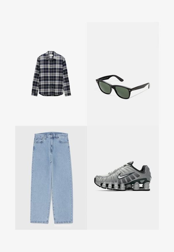Námornícky modrá a šedá károvaná košeľa s dlhým rukávom, gombíkovým golierom a prednými gombíkmi, vyrobená z jemnej, textúrovanej tkaniny.; Biely bavlnený tielko s okrúhlym výstrihom, širokými ramennými popruhmi a rovnom spodným lemom, ktoré má hladkú textúru a žiadne viditeľné vzory.; Svetlomodré denimové džínsy s rovnými nohavicami, s polovysokým pásom, piatimi vreckami a zapínaním na gombík a zips.; Sivé a čierne bežecké topánky Nike s viditeľným odpružením podobným pružine pod podrážkou a bielym logom swoosh na boku.; Čierne plastové slnečné okuliare so zelenými šošovkami, štvorcové rámy, strieborný akcent na obočí a textúrované ramenné opierky. Brand uvedený na vnútornej strane ramien.
