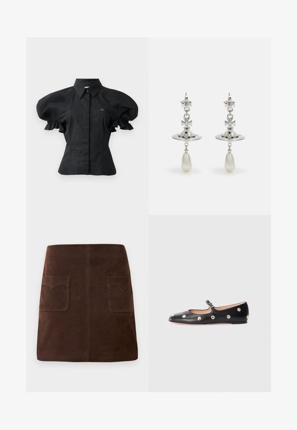 Juodas pūkuotas rankovėmis marškinėlių ilgis, pagamintas iš medvilnės, su apykakle, mygtukų uždarymu ir siuvinėjimu ant krūtinės. Kremuotas tekstūra.; Ruda veliūrinė sijonas, pasižymintis klasikinio A formos siluetu, dviem priekinėmis kišenėmis su apvaliais uždangaliukais ir subtiliais siuvinėjimo akcentais.; Juodų odinių Mary Jane plokščių batų su apvaliu pirštu, papuoštų sidabriniais apvaliais nagais ir reguliuojamu dirželiu su sagtimi.; Sidabrinės auskarai su apvaliu žiedu, papuošti spindinčiomis akmenimis ir ašarėlės formos perlo pakabučiu. Išskirtinis dizainas su rafinuotais akcentais.