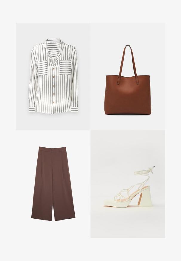 Weißes Langarmshirt mit schwarzen vertikalen Streifen, ausgestattet mit zwei Brusttaschen, einer Knopfleiste und Manschetten mit Streifenmuster.; Braune Weite-Leg-Hosen mit einer glatten Textur, hoher Taille und Vorderfalten. Der Stoff ist leicht und fällt locker.; Weiße High-Heel-Sandale mit einem klobigen Absatz, die über ein Riemchendesign und ein Knöchelband verfügt. Glatte Textur mit einer Plattform vorne für zusätzliche Höhe.; Braune Leder-Tote mit glatter Textur, offenem Oberteil und zwei Schulterriemen. Verfügt über minimale Nähte und keine sichtbaren Beschläge.