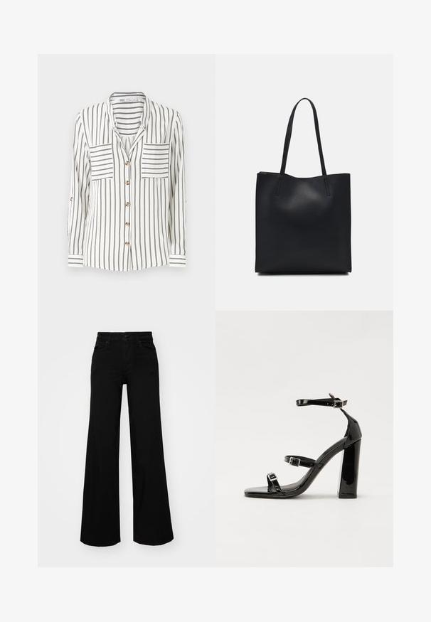 White long-sleeve shirt with black vertical stripes, featuring two chest pockets, a button-down front, and cuffs with stripe detail.; Black wide-leg pants made of denim, featuring a structured waistband, belt loops, and front pockets. Smooth texture with a classic design.; Black patent heeled sandals with a square toe, ankle straps, and silver buckles. Features a chunky block heel for stability.; Black leather tote bag with smooth texture, rectangular shape, and two long handles. No visible hardware or embellishments.