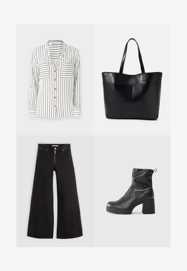 Balta krekls ar garām piedurknēm un melnām vertikālām svītrām, ar divām krūšu kabatām, pogu aizdari un piedurkņu galiem ar svītrām.; Platas kājas džinsi melnā džinsa audumā ar rāvējslēdzēju priekšā, piecu kabatu dizains un smalkas šuvju detaļas. Gluda tekstūra un ikdienišķs stils.; Melni potītes zābaki, kas izgatavoti no gludas ādas, ar sānu rāvējslēdzēju, masīvu strukturētu papēdi un noapaļotu purngalu.; Melnas ādas iepirkumu soma ar divām garām rokturām, gludu tekstūru un strukturētu formu. Iekļauj priekšējo kabatu papildu uzglabāšanai.