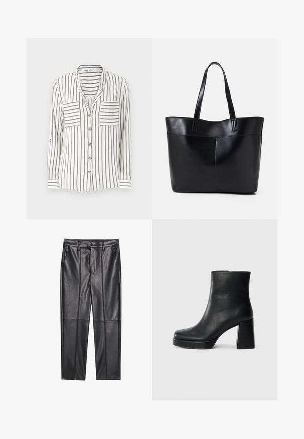 Biała koszula z długim rękawem w czarne pionowe paski, z dwiema kieszeniami na piersi, z zapięciem na guziki z przodu oraz mankietami z detalami w paski.; Czarne skórzane spodnie o gładkiej fakturze, z prostym krojem, dwoma przednimi kieszeniami i widocznymi szwami.; Czarne skórzane botki za kostkę z blokowym obcasem i platformą, widok z boku na białym tle.; Czarna skórzana torba na ramię z dwoma długimi uchwytami, gładką teksturą i sztywną formą. Posiada przednią kieszeń dla dodatkowego przechowywania.