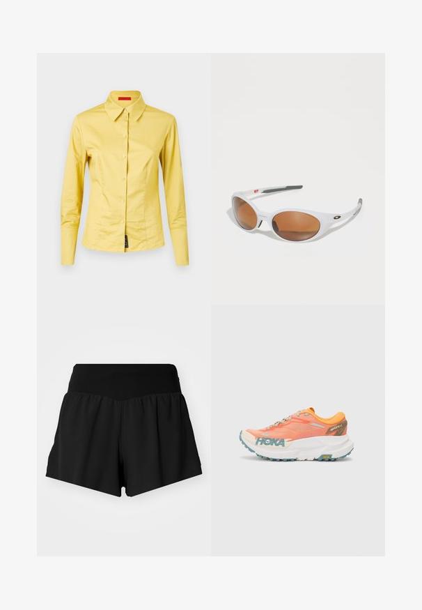 Μακρυμάνικο κίτρινο πουκάμισο με κουμπιά και τετράγωνη γιακά, λείο ύφασμα και λεπτομέρεια μαύρης ετικέτας στο κάτω αριστερό μέρος.; Μαύρες αθλητικές βερμούδες με φαρδύ, λείο λάστιχο στη μέση, χαλαρό ύφασμα με σχήμα Α και πλάγιες σχισμές για βελτιωμένη κινητικότητα.; Πορτοκαλί και ροζ αθλητικό παπούτσι τρεξίματος με επάνω μέρος από δίχτυ, λευκή μεσαία σόλα, εξωτερική σόλα Vibram και ανοιχτό μπλε λεπτομέρειες. Διαθέτει την επωνυμία HOKA στο πλάι.; Λευκά γυαλιά ηλίου με καφέ φακούς, οβάλ σχήματος, κατασκευασμένα από λείο πλαστικό, με γκρι λεπτομέρειες στις βραχίονες και λογότυπο στο σκελετό.; Μαύρο αθλητικό γιλέκο με πλέις τσέπες στην πλευρά, ανακλαστικά στοιχεία και τσέπη με φερμουάρ μπροστά. Ελαφρύ ύφασμα σχεδιασμένο για άνεση και αναπνευστικότητα.