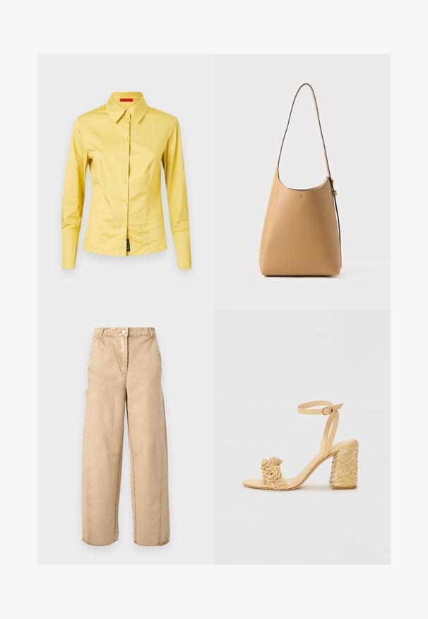 Langärmliges, gelbes Hemd mit Knopfleiste und spitzem Kragen, aus glattem Stoff und mit einem schwarzen Etikett am unteren linken Rand.; Beige weit geschnittene Hose mit Knopfschluss, zwei Seitentaschen, leichten Gebrauchsspuren und fransigen Säumen. Hergestellt aus einem weichen, strukturierten Stoff.; Beige High-Heel-Sandale mit geflochtener Textur, dekorativer Blume und Knöchelriemen. Der quadratische Absatz sorgt für Stabilität.; Leder Schultertasche in hellbraun mit glatter Textur, minimalistischen Design, einem einzigen geschwungenen Riemen und dezenten Hardware-Details.