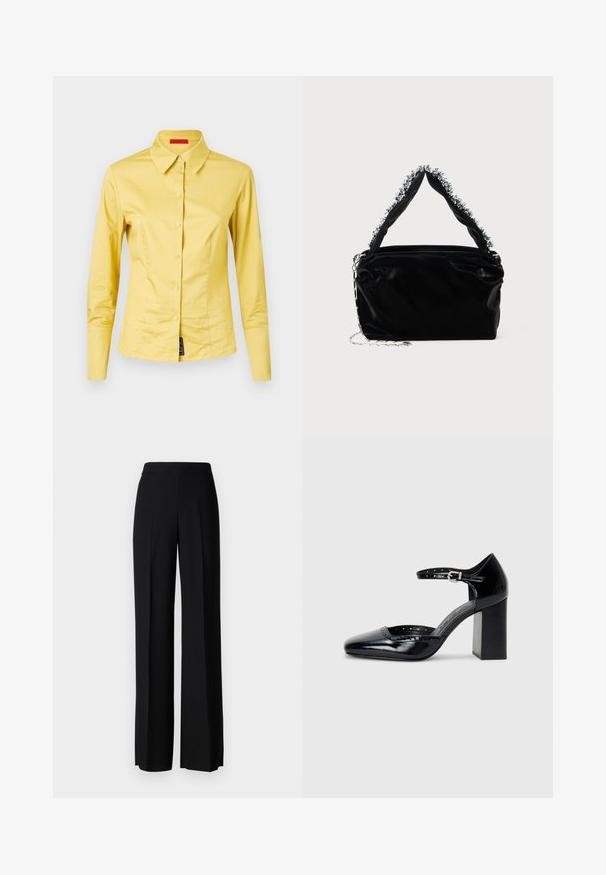 Cămașă galbenă cu mânecă lungă, cu guler ascuțit, dintr-un material neted, și cu un detaliu cu etichetă neagră în partea stângă jos.; Pantaloni negri cu picioare largi, cu o textură netedă, având o talie înaltă și pliseuri centrale. Fără modele vizibile sau detalii de hardware.; Pantofi cu toc înalt din piele lăcuită neagră, cu vârf pătrat, curea pentru gleznă și toc gros. Include detalii perforate de-a lungul marginii.; Geantă din piele sintetică neagră cu un finisaj texturat, având un accent din mărgele argintii de-a lungul mânerului de sus și o curea din lanț.