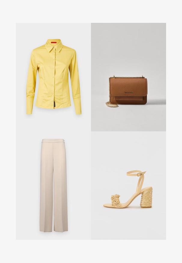 Langärmliges, gelbes Hemd mit Knopfleiste und spitzem Kragen, aus glattem Stoff und mit einem schwarzen Etikett am unteren linken Rand.; Beige weit geschnittene Hose aus glattem Stoff, mit hoher Taille und dezenten Vorderfalten. Keine Taschen oder sichtbare Hardware-Details.; Beige High-Heel-Sandale mit geflochtener Textur, dekorativer Blume und Knöchelriemen. Der quadratische Absatz sorgt für Stabilität.; Braune strukturierte Ledertasche mit goldener Kettenriemen und Klappenverschluss. Die Vorderseite zeigt ein Logo-Detail und eine Tasche unter der Klappe.