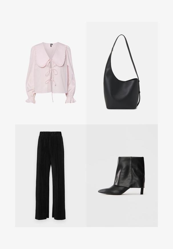 Růžová blůza s velkým nakládaným límcem, stuhou na zavázání vpředu a nafouklými rukávy s elastickými manžetami. Hladká textura látky.; Černé plisované kalhoty s elastickým pasem. Mají široké nohavice a hladkou, strukturovanou tkaninu s vertikálními pruhy.; Černá kožená kotníková bota do poloviny lýtka s špičatou špičkou, sklopenou horní částí a štíhlým nízkým podpatkem, stojící na bílém pozadí.; Černá kožená hobo taška s hladkým povrchem, zakřiveným tvarem a jedním nastavitelným popruhem; má široké otevírání nahoře.
