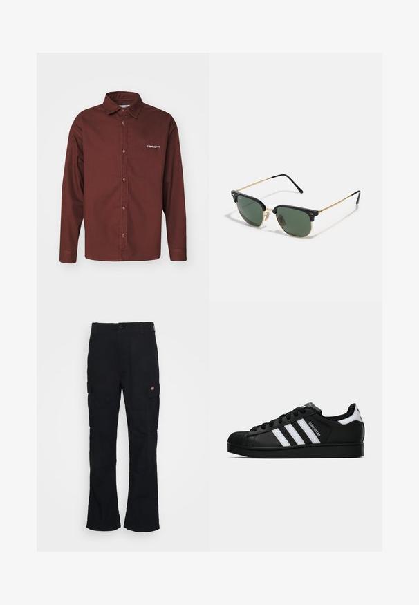 Brun langermet skjorte med knapper i solid stoff; har en klassisk krage, knappelukking foran og en liten hvit logo på venstre bryst.; Svarte cargo bukser med rett ben-design, laget av slitesterk stoff, med sidelommer og et patch-logo på venstre side.; Svart Adidas Superstar sneakers med hvite striper, skalltå og "Superstar" tekst på siden, vist i sideprofil på hvit bakgrunn.; Solbriller med grønne linser, svart plast overramme, gullfargede metall detaljer, og slanke svarte stenger. Har et karakteristisk brodesign.