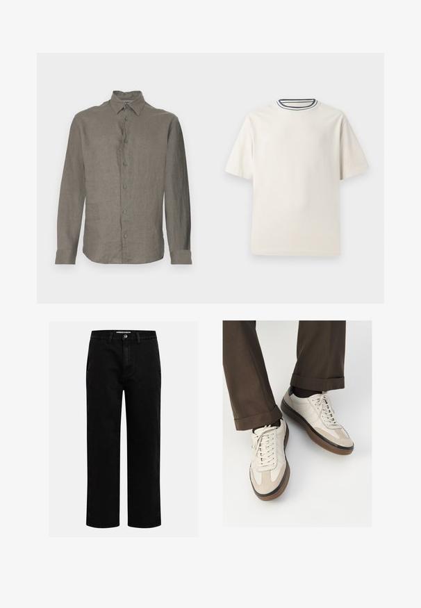 Šviesiai pilkas ilgomis rankovėmis marškinėliai, pagaminti iš lino, su mygtukų priekyje, apykakle ir rankogaliais. Lygus paviršius su subtiliu audinio raštu.; Kremo spalvos medvilninė marškinėlių su trumpomis rankovėmis, suapvalintu iškirpimu, puoštu tamsiai mėlynomis ir baltomis juostelėmis. Glotni tekstūra, laisvas sijonas.; Juodi džinsai su tiesiu kirpimu, klasikinio penkių kišenių dizainu ir mygtuko užsegimu juosmens zonoje. Lygus tekstūras ir patvari medžiaga.; Bežiniai sportbačiai su tekstūruotu zomšinės priekine dalimi, lygiomis odinėmis šoninėmis dalimis ir ruda guminėmis padais. Į komplektą įeina juostelės ir šviesūs siuvimo detalės.