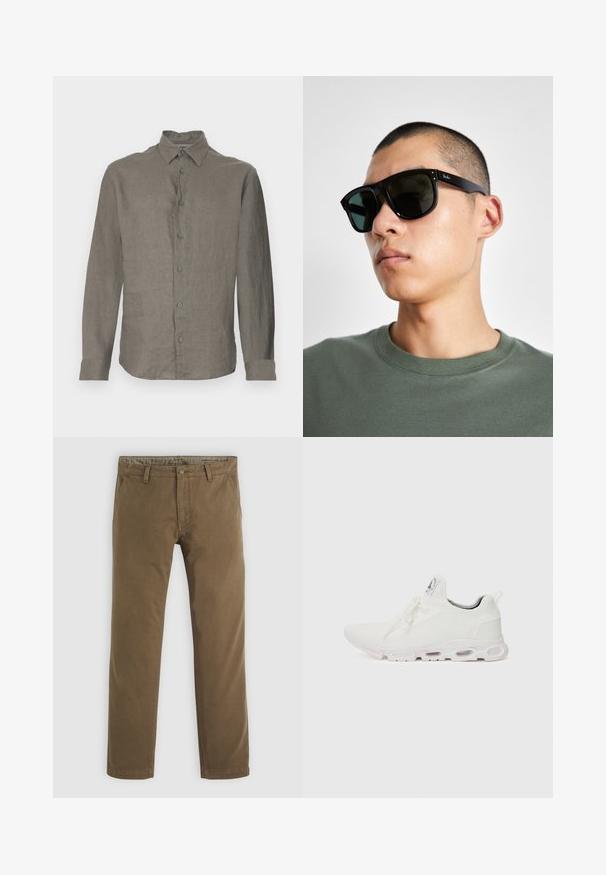 Heledhall hallide pahklit, mis on valmistatud linast, nupuga ees, krae ja varrukatega. Sile tekstuur koos delikaatse kudumismustriga.; Khaki puuvillased püksid sirge säärega disainiga, millel on nupuga sulgemine, kaks esi-taskut ja sile tekstuur.; Valged sportijalatsid, millel on tekstuuriga kudum peal, lame paelad ja pehmendatud tallad nähtavate õhukambritega täiendava toe jaoks.; Mustade ristküliku kuju prillid tumedate läätsedega, millel on eriline kuju ja bränding templil. Kanda inimese poolt, kellel on seljas roheline särk.; Viie käevõru komplekt, mis sisaldab pruuni nahka, puidust helmeid ja hõbedast ketti; erinevad tekstuurid ja kujundid, reguleeritavad sulgurid.