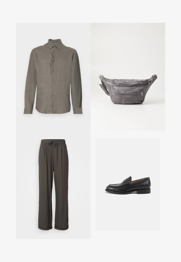 Šviesiai pilkas ilgomis rankovėmis marškinėliai, pagaminti iš lino, su mygtukų priekyje, apykakle ir rankogaliais. Lygus paviršius su subtiliu audinio raštu.; Tamsiai pilkos plačios kelnės su virvute liemenyje, pagamintos iš minkštos, tekstūrinės medžiagos, su apsuktomis kraštinėmis ties kulkšnimis.; Juodi odiniai loafersai su lygiu paviršiumi, apvaliu pirštu ir dekoratyvine siūlė viršuje. Žemas sustiprintas kulnas ir lengvas blizgesys.; Pilkas suedes fanny pack'as apvalios formos, su dviem užtraukiamais skyreliais ir reguliuojama diržele. Yra metaliniai aksesuarai.