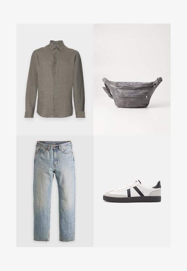 Lichtgrijze langemouwenshirt van linnen, met een knoopsluiting aan de voorkant, kraag en manchetten. Soepele textuur met een subtiel weefpatroon.; Lichtblauwe denim jeans met hoge taille, frontknop, rits en vijfzakkenontwerp, plat gelegd op een neutrale achtergrond.; Witte sneaker met zwarte en grijze accenten, voorzien van een grijze neus met textuur, zwarte rubberen zool en platte witte veters. Schoon ontwerp, minimalistische stijl.; Grijze suède heuptas met een ronde vorm, twee met rits afgesloten compartimenten en een verstelbare band. Voorzien van metalen accenten.