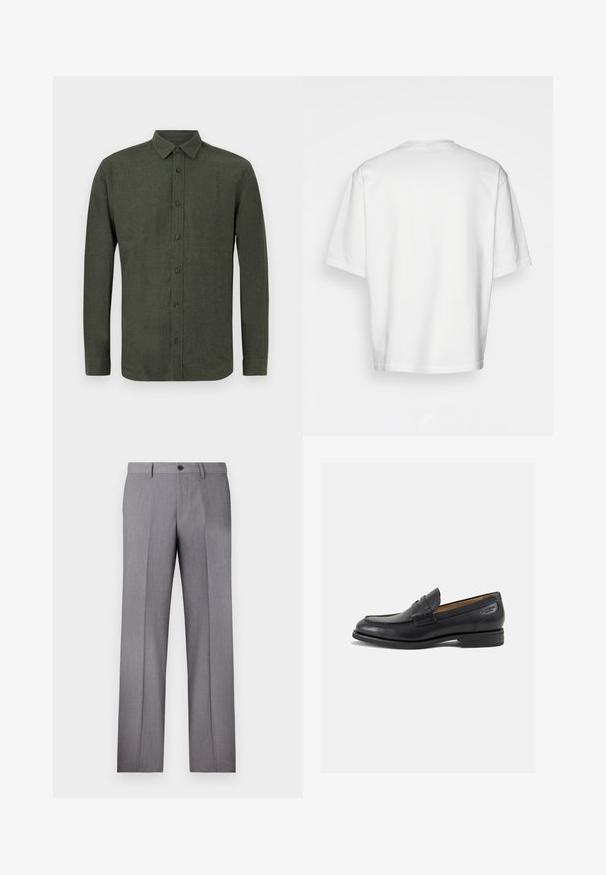 Camicia a maniche lunghe di colore verde scuro con bottoni e colletto, esposta piatta su uno sfondo bianco.; T-shirt bianco a maniche corte, vestibilità ampia, collo rotondo, in morbido cotone, retro senza decorazioni, orlo dritto, senza fantasie o dettagli.; Pantaloni grigi su misura con frontale piatto, due tasche laterali e chiusura a un bottone. Tessuto liscio con un sottile motivo a righe verticali.; Mocassini in pelle nera con finitura liscia, punta arrotondata e cuciture decorative sulla tomaia. Tacco basso impilato e leggero lucido.