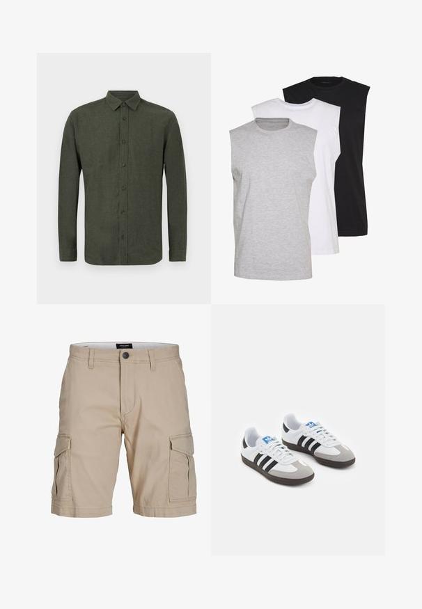 Dark green long-sleeve button-up shirt with collar, displayed flat against white background.; Three sleeveless t-shirts in gray, white, and black. Soft cotton material with a crew neck and relaxed fit. Simple design, no patterns.; Beige cargo shorts made of cotton, featuring multiple side pockets, a buttoned waist closure, and a straight fit design.; Sport shoes with a white leather upper, gray suede toe, and three black stripes. Features a blue logo on the tongue and a textured rubber sole.