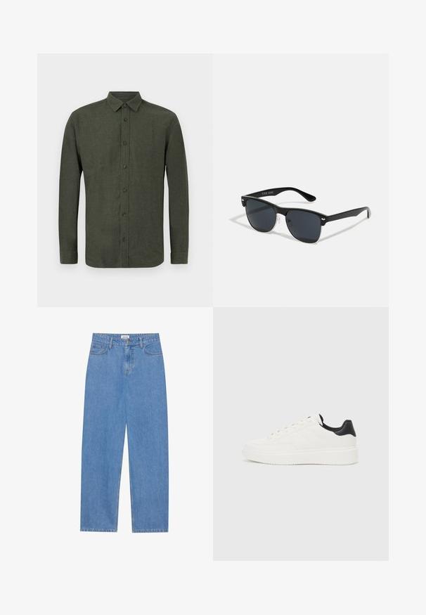 Cămașă cu mânecă lungă, de culoare verde închis, cu guler, expusă plat pe un fundal alb.; Jeans din denim de culoare albastru deschis, cu croială dreaptă, design cu cinci buzunare, închidere cu un singur buton și detalii subtile de cusătură pe cusături.; Adidași din piele albă cu un model embosat, talpă intermediară texturată de culoare albă și accent negru pe călcâi. Prezintă vârf rotunjit și șireturi plate.; Ochelari de soare negri cu o formă rectangulară, lentile întunecate, accente argintii la tâmple și un finisaj mat pe cadru.